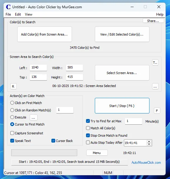Screenshot of Auto Color Clicker Software on Windows 11
